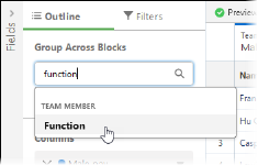 Screenshot showing outline panel with function selected for Group Across Blocks field